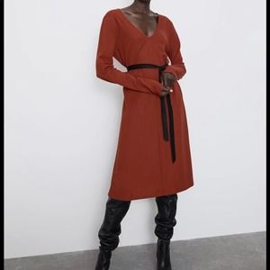 NWT Zara Burnt Orange Midi Dress With Belt Small